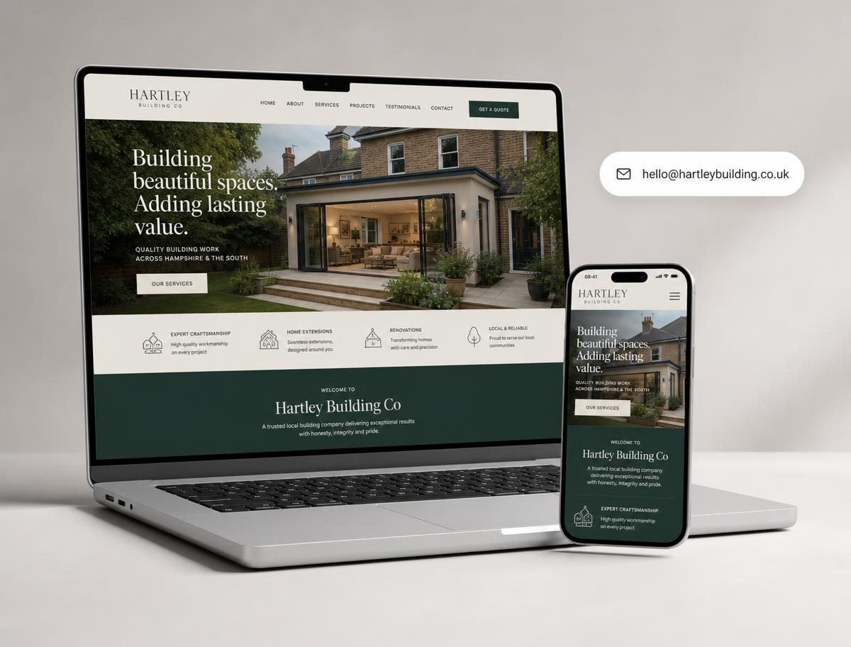 Example building company website built by TradeFront, shown on a laptop and mobile phone with a branded email address