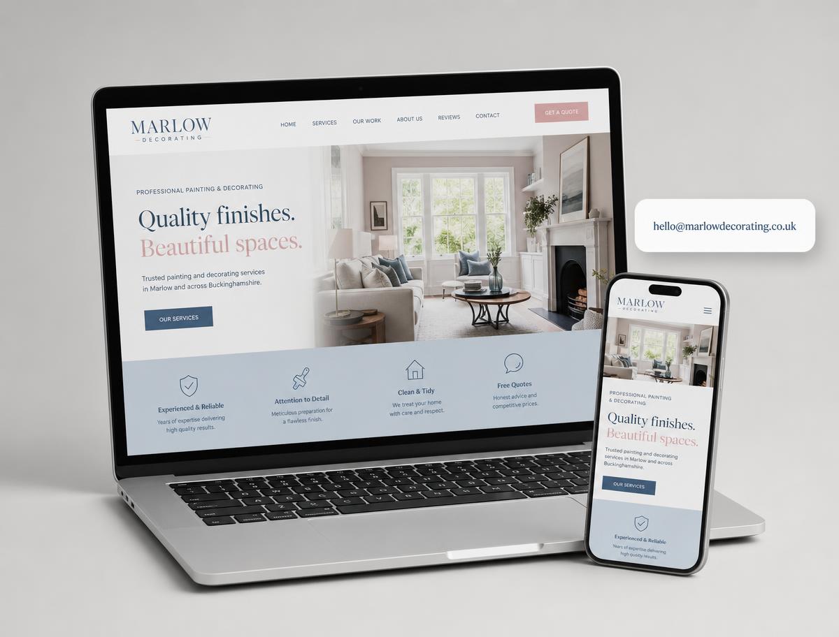 Example painting and decorating website built by TradeFront, shown on a laptop and mobile phone with a branded email address