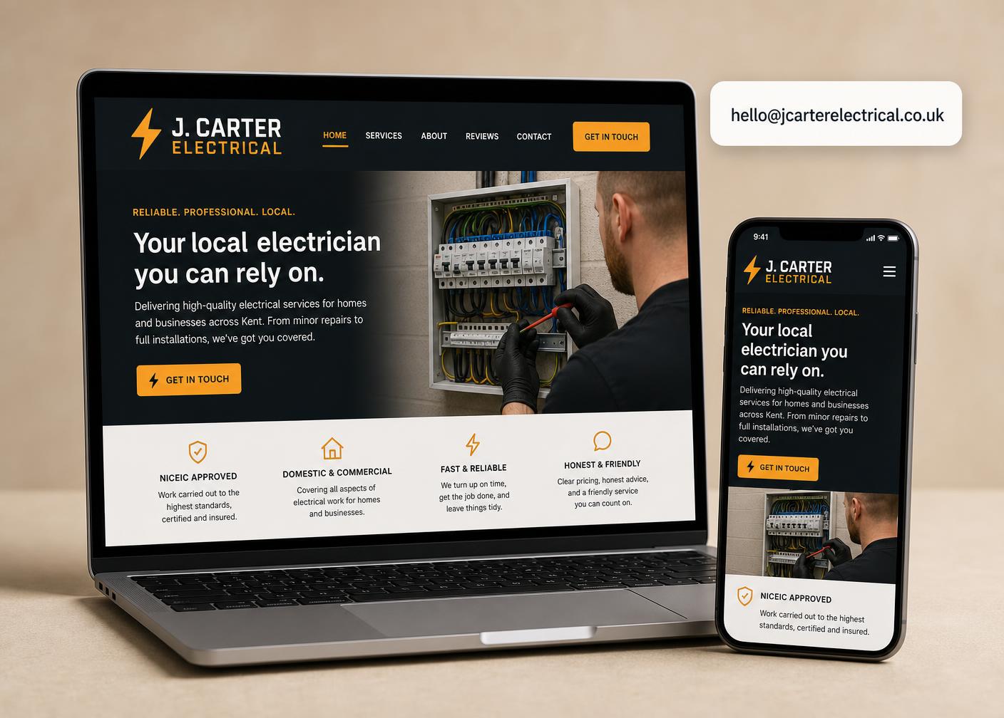 J. Carter Electrical website shown on a laptop and phone with the email address hello@jcarterelectrical.co.uk