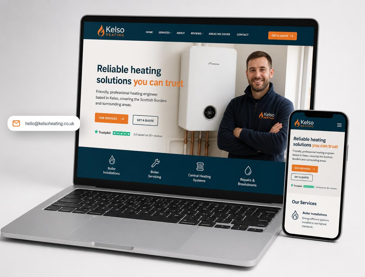 Example heating engineer website built by TradeFront, shown on a laptop and mobile phone with a branded email address
