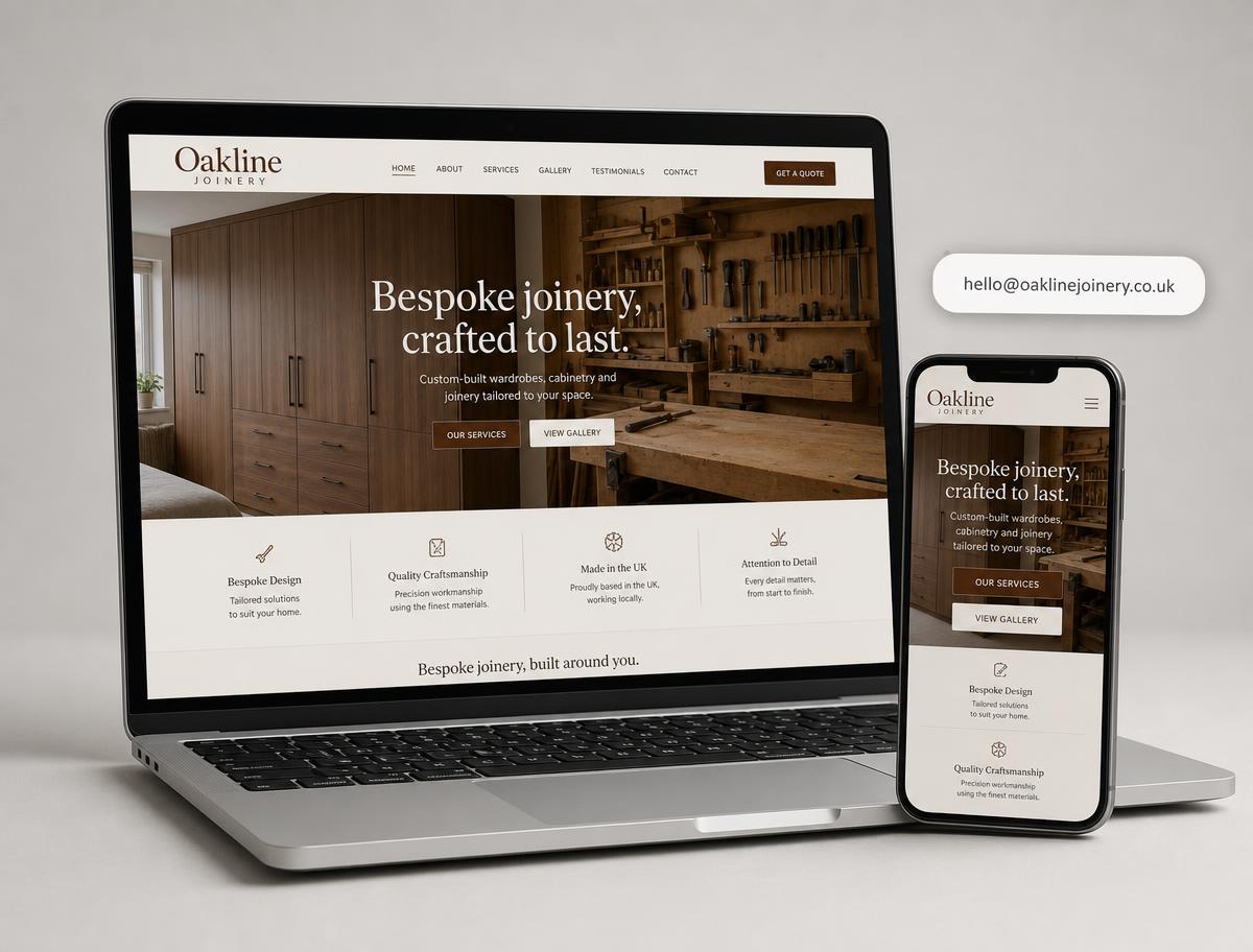Example joinery website built by TradeFront, shown on a laptop and mobile phone with a branded email address