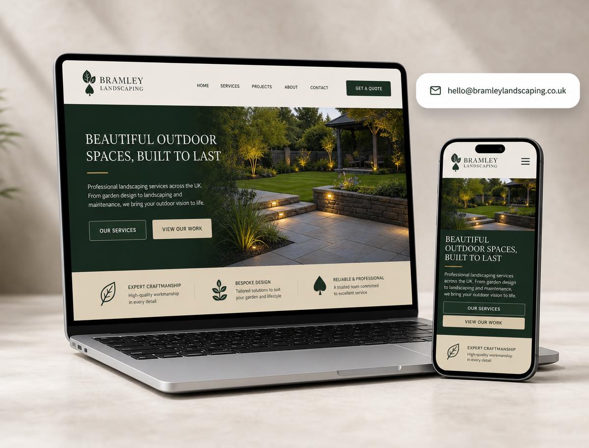 Bramley Landscaping website shown on a laptop and phone with the email address hello@bramleylandscaping.co.uk