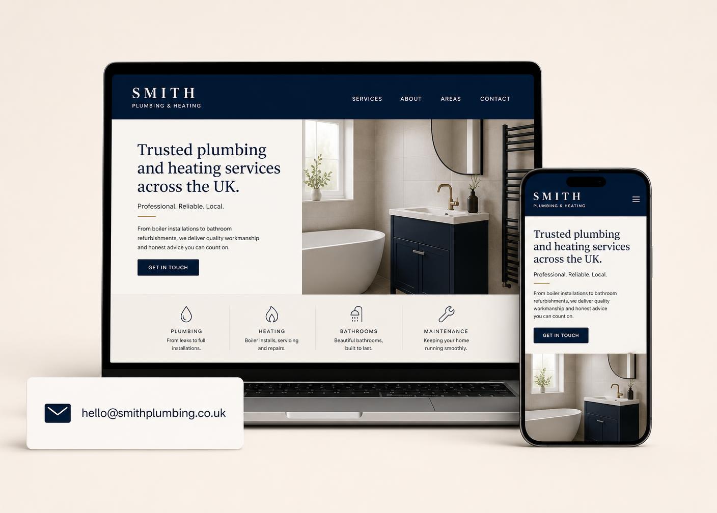 A trades business website shown on a laptop and phone, alongside the email address hello@smithplumbing.co.uk